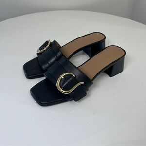 Aerosoles eve Black Leather Block Heel Slide with Gold Buckle